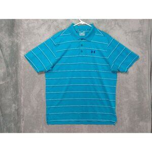 Under Armour Shirt Mens Large Blue Striped Polo Loose HeatGear Short Sleeve